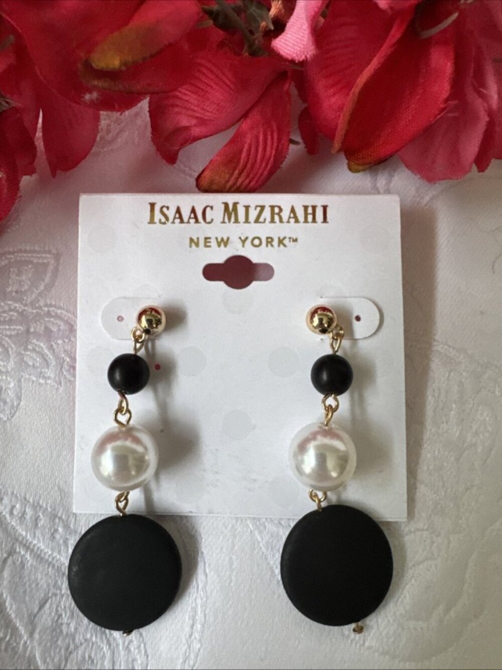 Isaac Mizrahi Pearl Black Circle Bead Dangle Earrings 2" Summer Feminine NEW